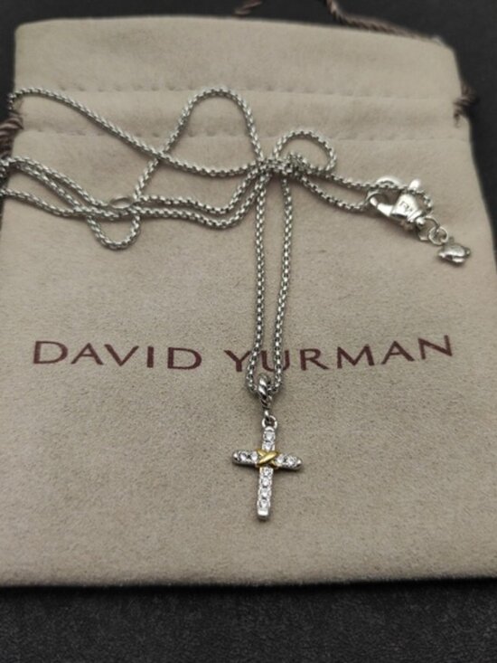 David Yurman 925 Silver & Gold Pave Diamond Cross Necklace with Original Pouch